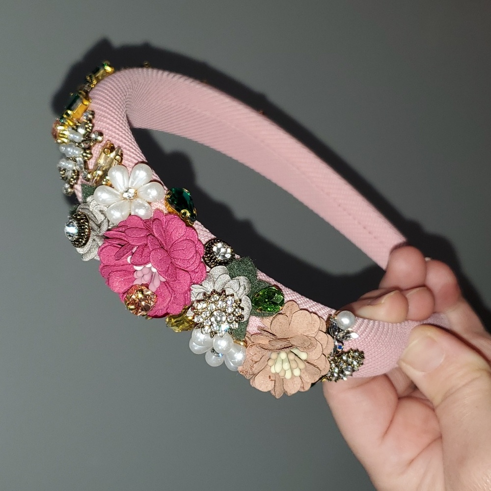 New handmade boutique luxury rhinestone floral fancy mid-wide flexible headband - Picture 2 of 8